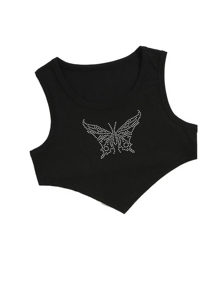 butterfly print asymmetrical hem crop tank 54ho#, White 
butterfly print asymmetrical hem crop tank 54ho#, White