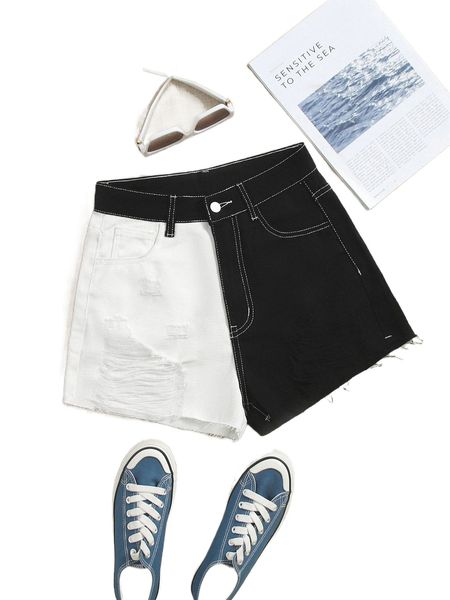 two tone raw hem denim shorts v8at#, White;black