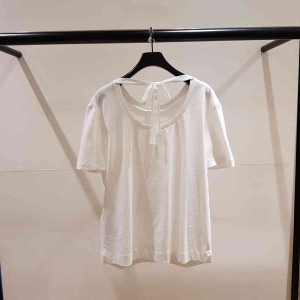 women's t-shirt spring and summer lady lotus leaf edge wrinkled collar open back lace up round neck short sleeve t-shirt, White
women's t-shirt spring and summer lady lotus leaf edge wrinkled collar open back lace up round neck short sleeve t-shirt, White