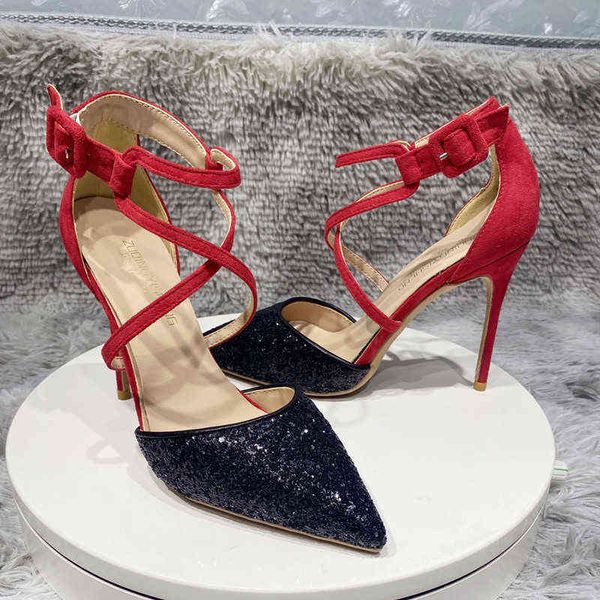 red velvet stitching black sequin baotou womens rhinestone pointed high heeled sandals shoes spring and summer t220730
red velvet stitching black sequin baotou womens rhinestone pointed high heeled sandals shoes spring and summer t220730