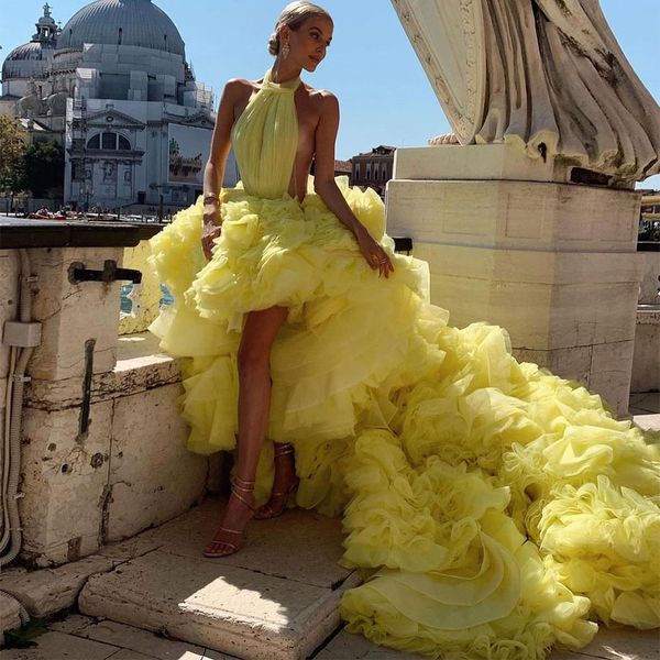 asymmetrical gorgeous ruffled tiered tulle prom dresses halter sleeveless ruched royal train evening gowns formal party dress, Black
asymmetrical gorgeous ruffled tiered tulle prom dresses halter sleeveless ruched royal train evening gowns formal party dress, Black