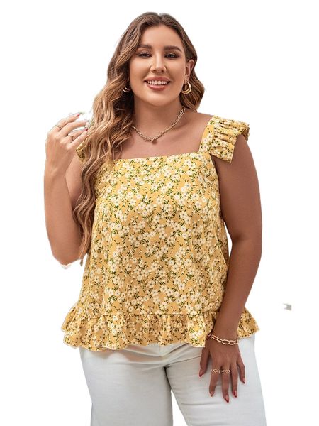 plus ditsy floral print ruffle trim a7e3#, Black
plus ditsy floral print ruffle trim a7e3#, Black