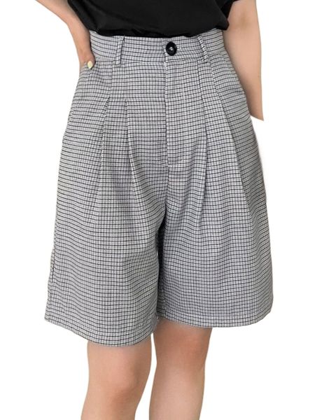 dazy plaid high waist plicated shorts e2ys#, White;black 
dazy plaid high waist plicated shorts e2ys#, White;black