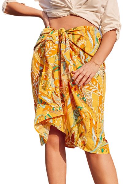 plus tropical print tie front skirt 89a4#, Black 
plus tropical print tie front skirt 89a4#, Black