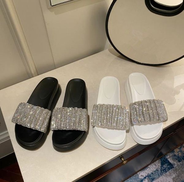 rhinestone sandals women's summer new thick bottom flip flops flat shoes, Black