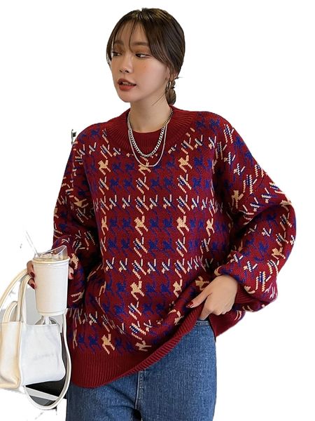 dazy houndstooth pattern drop shoulder sweater 41oi#, White;black