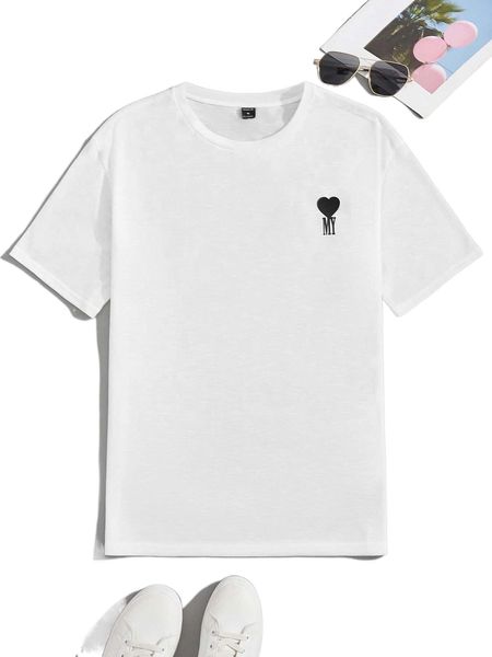 men heart & letter pattern tee d8m5#, White;black