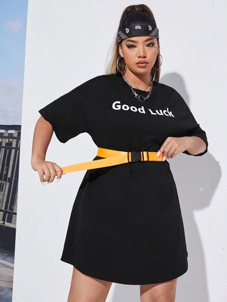 plus slogan graphic drop shoulder tee dress j2nh#, Black