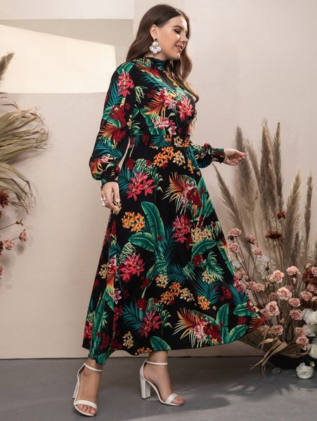 plus tropical print bishop sleeve shirred waist mock neck dress n7xv#, Black
plus tropical print bishop sleeve shirred waist mock neck dress n7xv#, Black