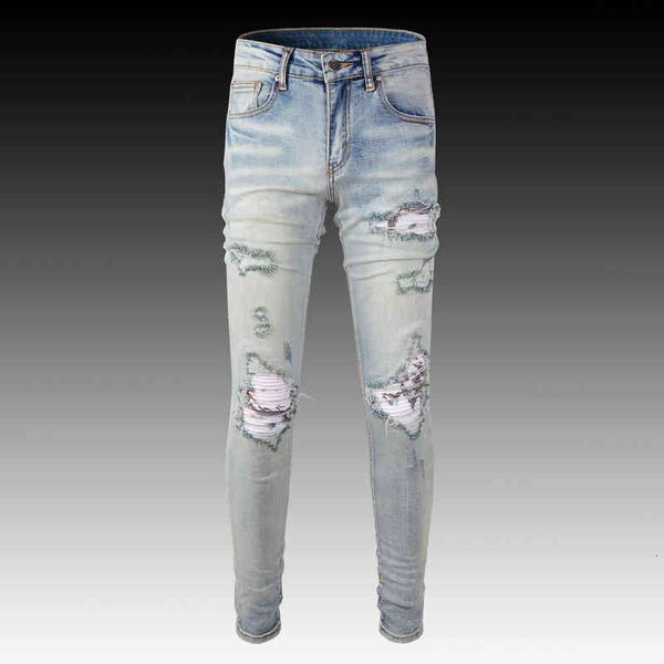 men's jeans fashion high street fashion brand worn hole totem patch jeans men's slim legged trendy pants sib8, Blue 
men's jeans fashion high street fashion brand worn hole totem patch jeans men's slim legged trendy pants sib8, Blue