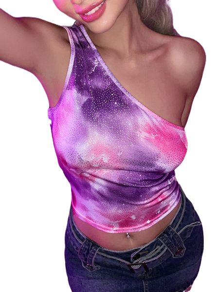 tie dye one shoulder crop n6zw#, White 
tie dye one shoulder crop n6zw#, White