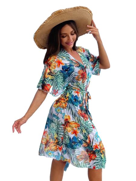 random tropical print mesh belted kimono e82z#, White;black 
random tropical print mesh belted kimono e82z#, White;black