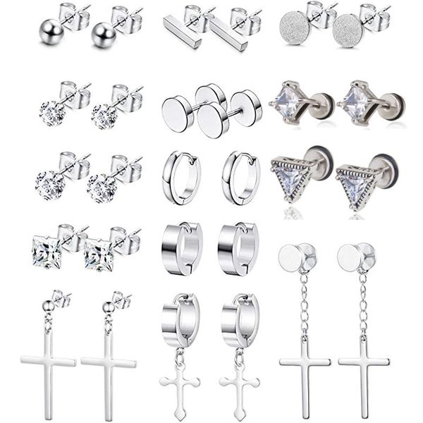 

stud 14 pairs stainless steel pendant hinged cross earrings men's and women's ring huggie silver earring set, Golden;silver