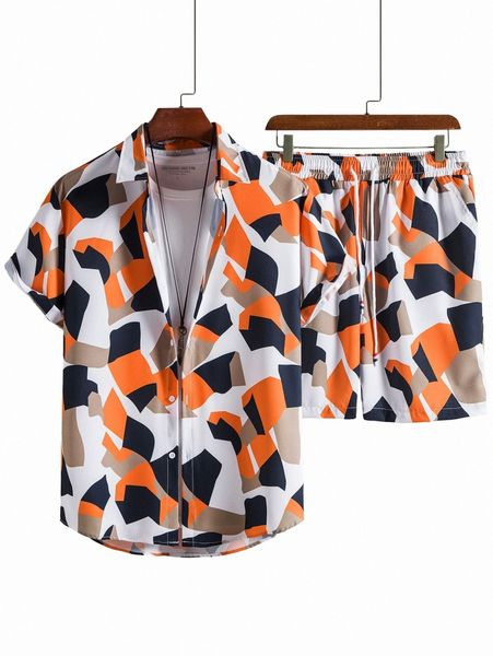 men random geo print shirt & drawstring waist shorts without tee p6dc#, Gray