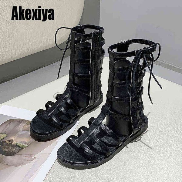 roman peep toe women's sandals summer thick soled heighten shoes belt buckle zipper high balck boots bc253 220421, Black