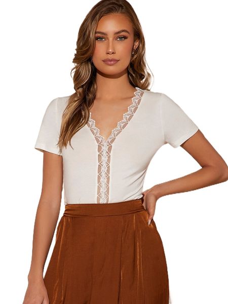 contrast embroidery mesh trim tee r8qn#, White
contrast embroidery mesh trim tee r8qn#, White