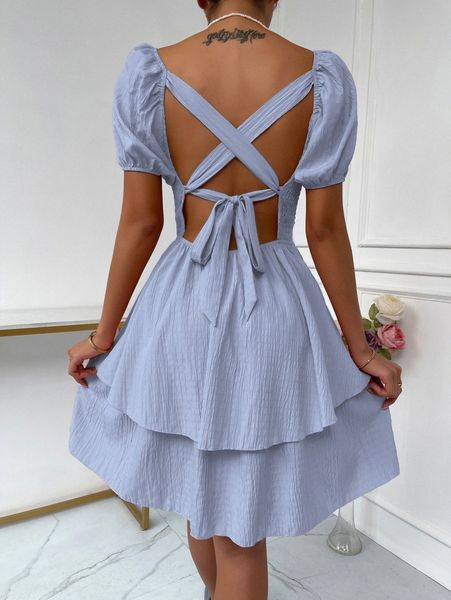 shirred lace up back puff sleeve dress x13l#, Black;gray