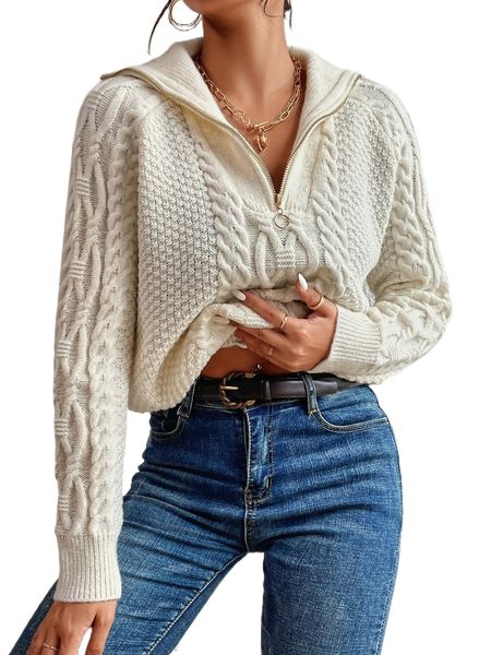 cable knit half zip sweater n8a8#, White;black
cable knit half zip sweater n8a8#, White;black