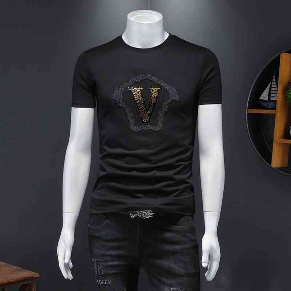 men's fashion personality trend new short-sleeved brand wholesale summer t-shirt short sleeve slim fit half tight trendy embroidered so, White;black
men's fashion personality trend new short-sleeved brand wholesale summer t-shirt short sleeve slim fit half tight trendy embroidered so, White;black