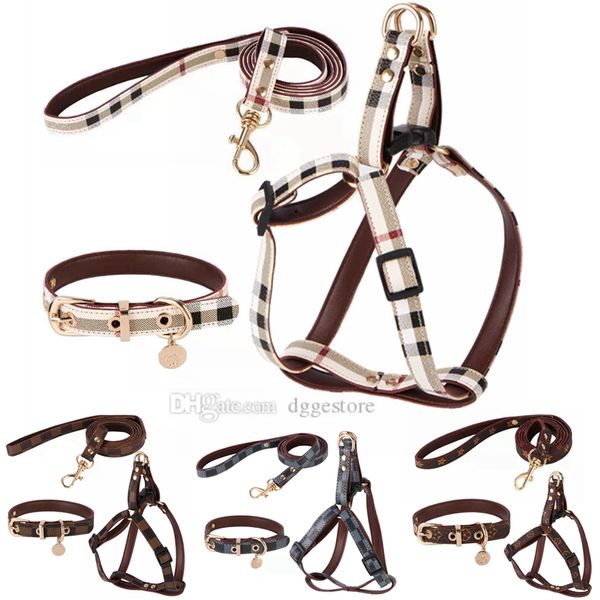 

step in dog harness and leashes set classic plaid designer dog collar leash soft adjustable leather pets collars for small medium dogs chihu