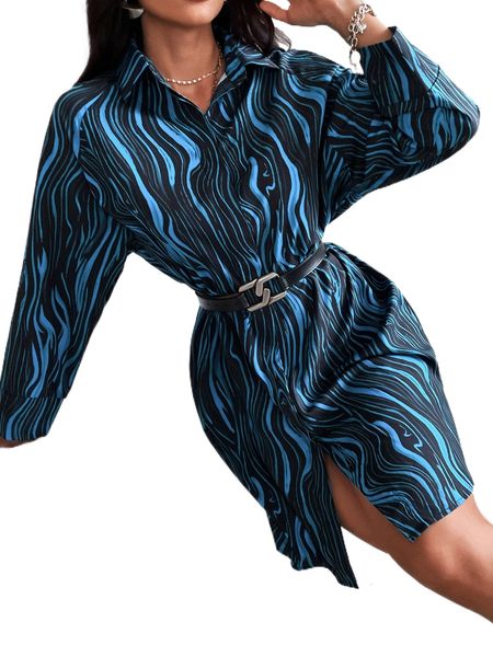 wave striped print shirt dress without belt s1lg#, Black;gray