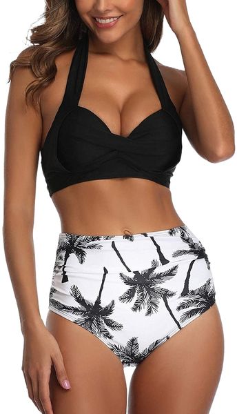 women vintage swimsuit two piece retro halter ruched printed high waist bikini set c6cd#, White;black
women vintage swimsuit two piece retro halter ruched printed high waist bikini set c6cd#, White;black