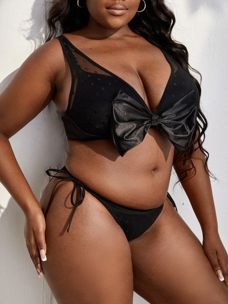 plus contrast mesh bow wireless tie side lingerie set without liner p47k#, Black;white
plus contrast mesh bow wireless tie side lingerie set without liner p47k#, Black;white