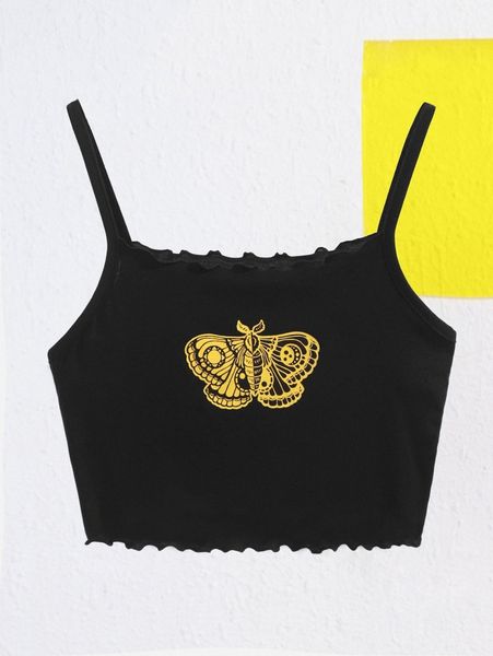 x allyartdesigns butterfly print lettuce trim crop cami 92h1#, White