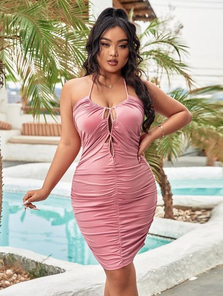 plus cut out backless halter neck ruched bodycon dress q8al#, Black