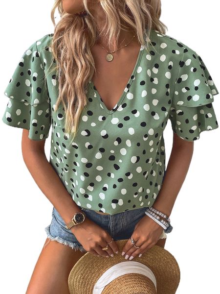 dalmatian print flutter sleeve blouse x1ug#, White