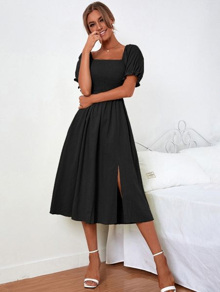 flounce sleeve shirred detail split thigh dress c9et#, Black;gray
flounce sleeve shirred detail split thigh dress c9et#, Black;gray