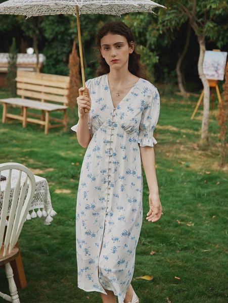 simple retro floral print button front tie back dress 417z#, Black;gray
