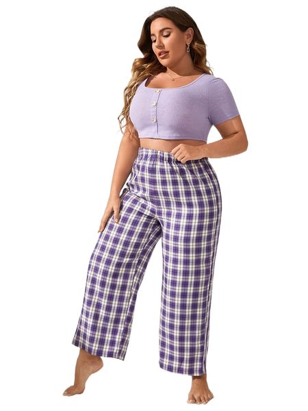 plus plaid rib-knit button front pj set q7dn#, Black;white 
plus plaid rib-knit button front pj set q7dn#, Black;white