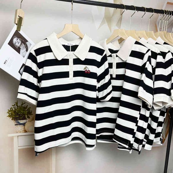 women's t-shirt vitality lovely black and white stripe polo collar shirt cherry embroidered cotton short sleeve 2022 t-shirt women'
women's t-shirt vitality lovely black and white stripe polo collar shirt cherry embroidered cotton short sleeve 2022 t-shirt women'