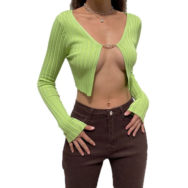 european and american women's knits new light style metal chain woolen cardigan navel short long-sleeved bottoming shirt, White
european and american women's knits new light style metal chain woolen cardigan navel short long-sleeved bottoming shirt, White