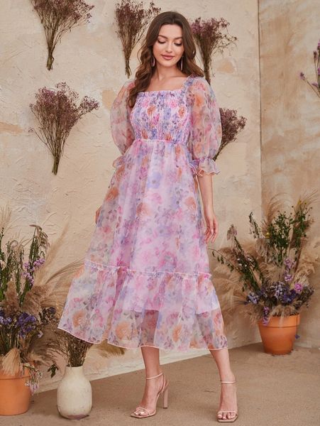 1pc floral print shirred flounce sleeve frill trim dress c5xp#, Black;gray 
1pc floral print shirred flounce sleeve frill trim dress c5xp#, Black;gray