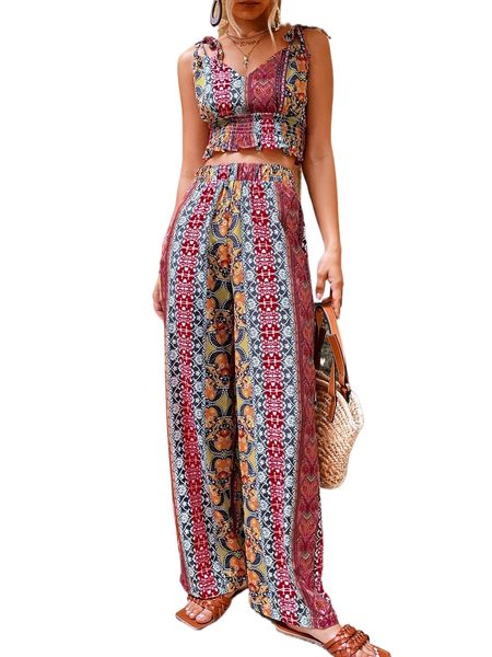 random floral print shirred ruffle hem cami & wide leg pants v00s#, White