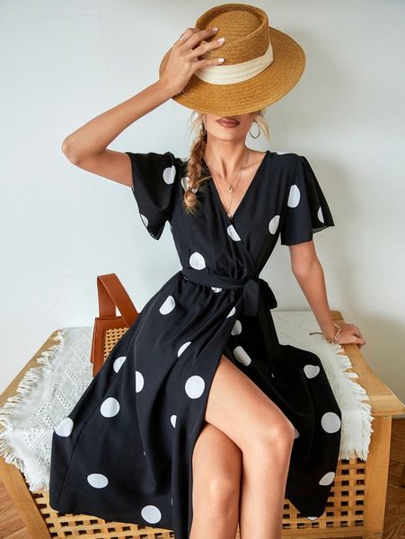 polka dot surplice wrap belted dress 26zb#, Black;gray