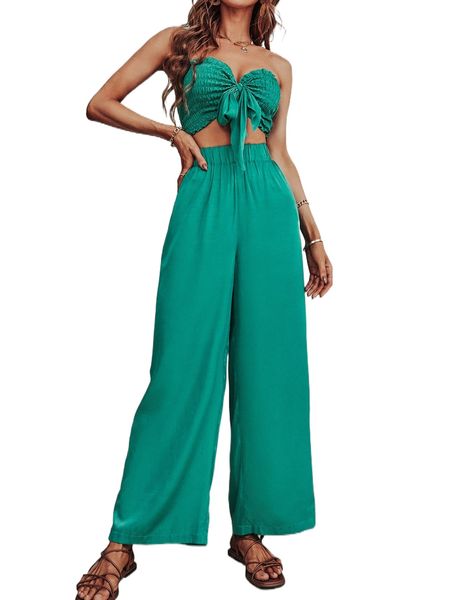 shirred tie front crop tube & wide leg pants c5t0#, White
