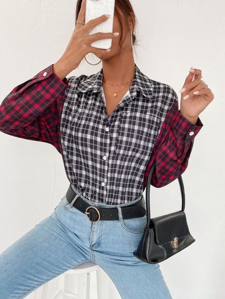 colorblock plaid patched pocket drop shoulder blouse p6wu#, White 
colorblock plaid patched pocket drop shoulder blouse p6wu#, White