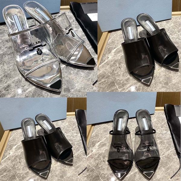 2022 designer women sandals transparent plexiglass slippers shiny leather heels metal triangular pointy shoes summer open toed 35-42, Black
2022 designer women sandals transparent plexiglass slippers shiny leather heels metal triangular pointy shoes summer open toed 35-42, Black