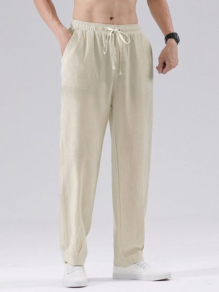 men slant pockets drawstring waist pants p06n#, Black