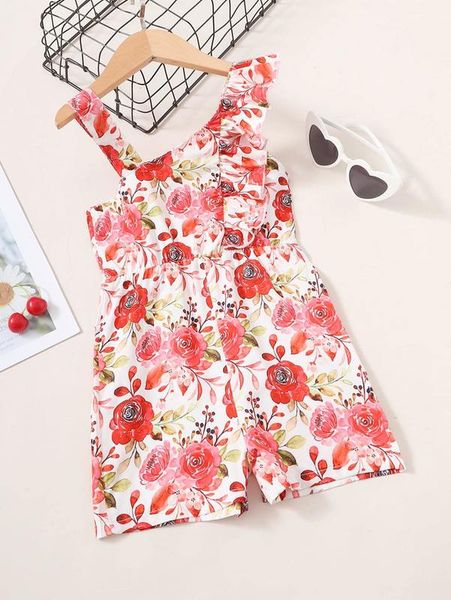 toddler girls allover floral print ruffle trim cami romper she, Blue 
toddler girls allover floral print ruffle trim cami romper she, Blue