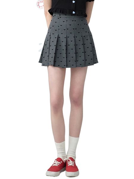 heart & letter graphic pleated skirt m94x#, Black