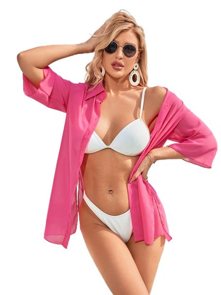 solid button front chiffon kimono m874#, White;black