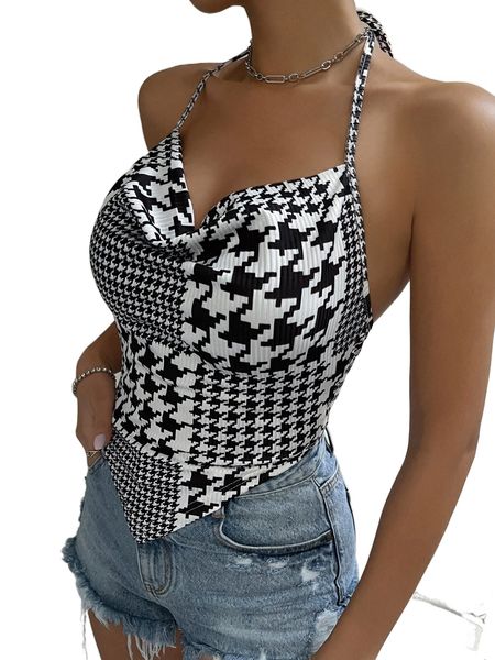 houndstooth print hanky hem tie backless halter x3tm#, White 
houndstooth print hanky hem tie backless halter x3tm#, White