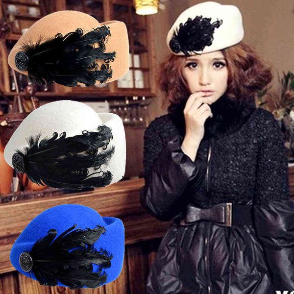 2020 new luxury feather stewardess cap fedora hat female fashion solid wool vintage hats for women british style of beret j220722, Blue;gray
2020 new luxury feather stewardess cap fedora hat female fashion solid wool vintage hats for women british style of beret j220722, Blue;gray