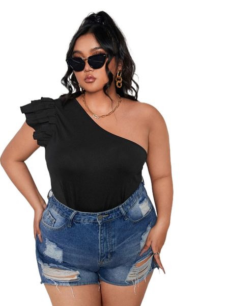 plus solid one shoulder tee h4gt#, Black