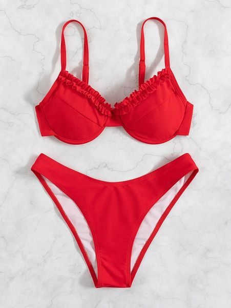 plain frill trim push up bikini swimsuit n8jb#, White;black
