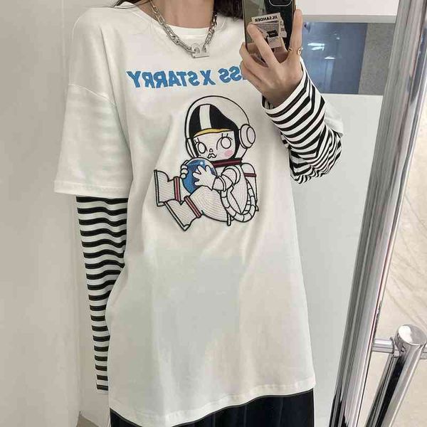 women's t-shirt spring and summer minority cartoon astronaut embroidered striped sleeve fake two-piece age reducing thin yk 96qe, White
women's t-shirt spring and summer minority cartoon astronaut embroidered striped sleeve fake two-piece age reducing thin yk 96qe, White